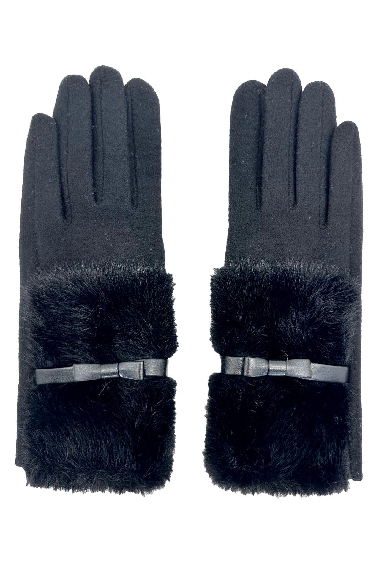 GV24105-075 Plain Faux Fur Cuff with Bow Detailing Touch Screen Gloves