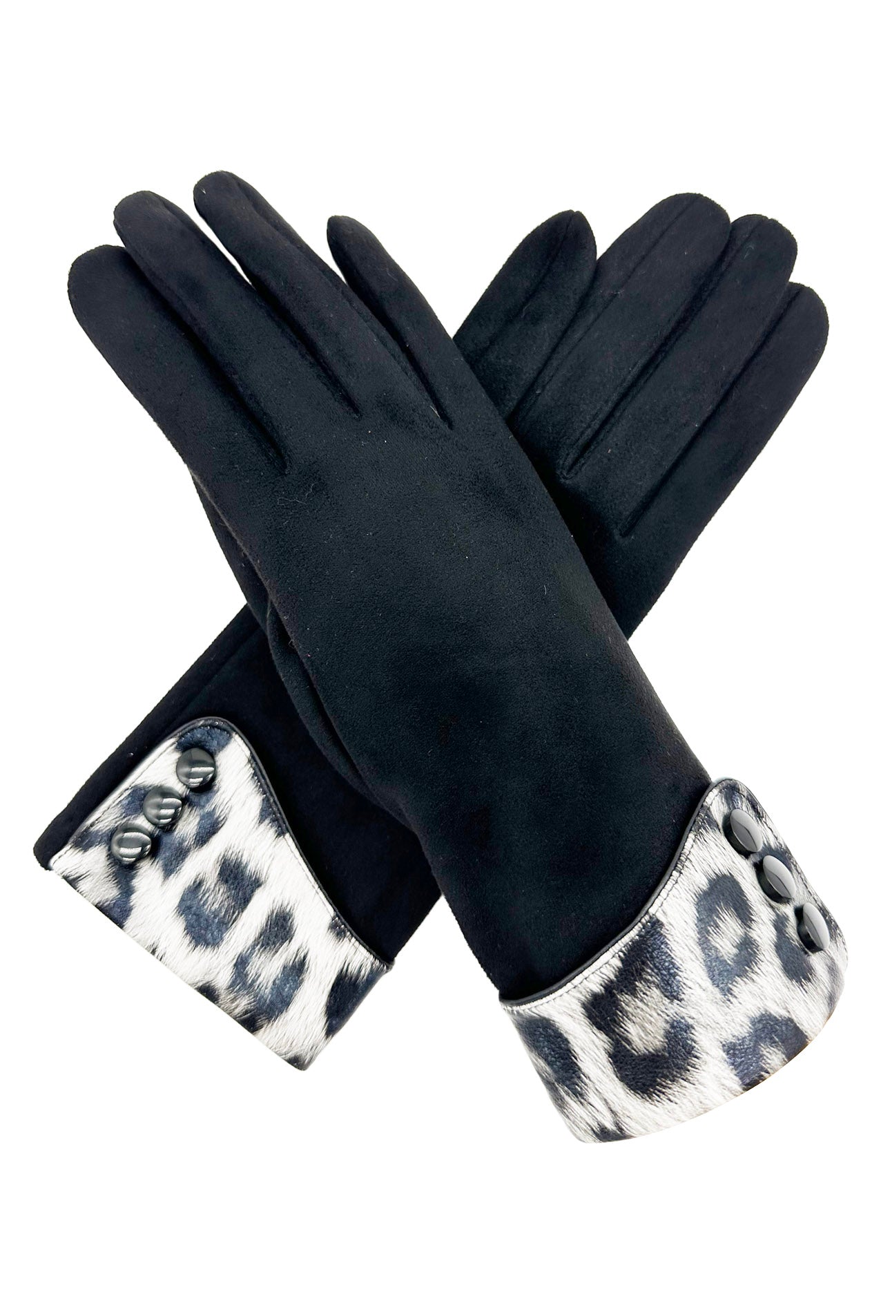 GV2488-074 Plain Solid Coloured Gloves with Leopard Print Cuff & Buttons Detail