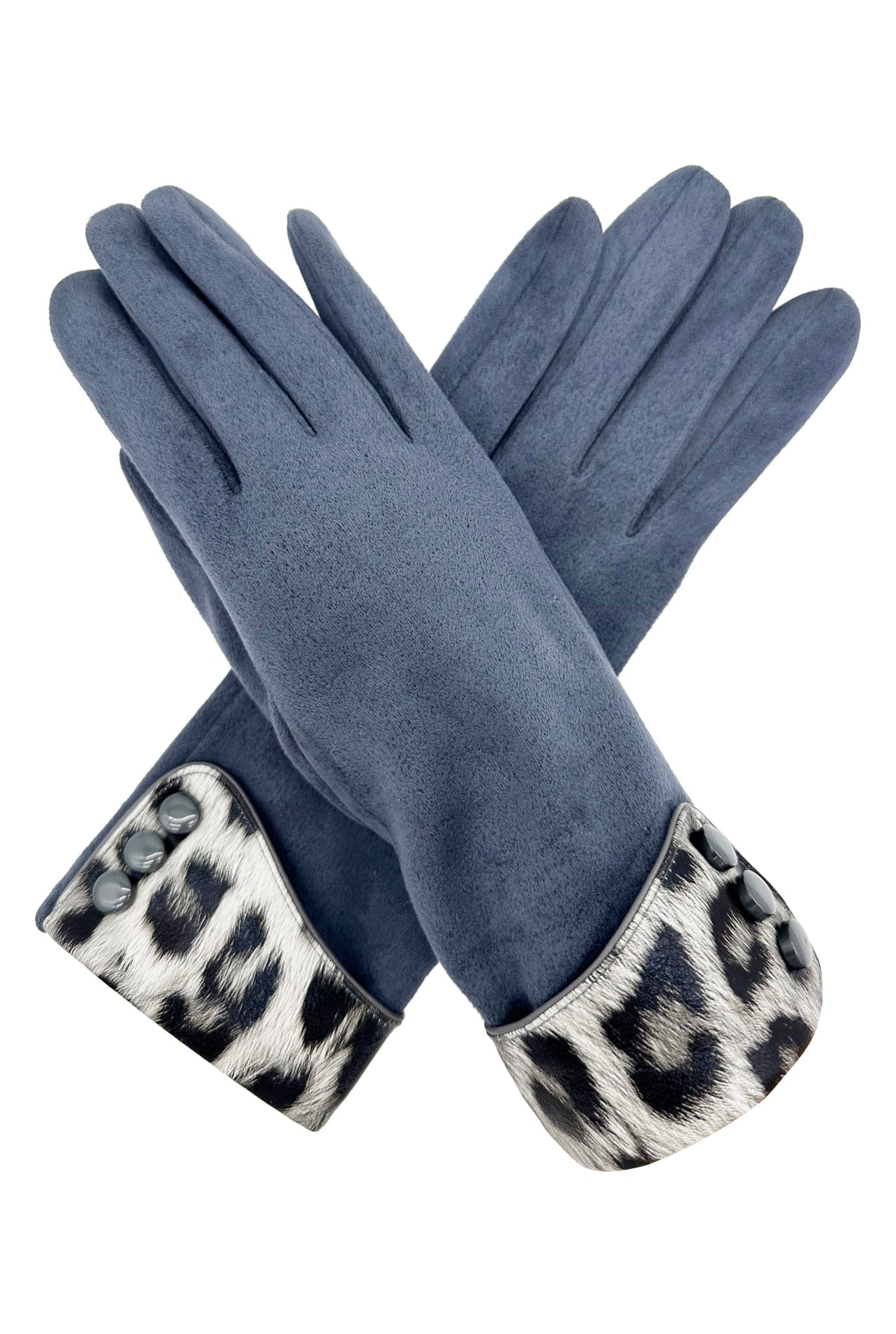 GV2488-074 Plain Solid Coloured Gloves with Leopard Print Cuff & Buttons Detail