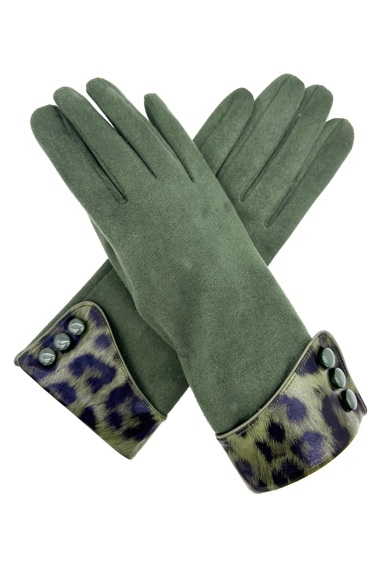 GV2488-074 Plain Solid Coloured Gloves with Leopard Print Cuff & Buttons Detail