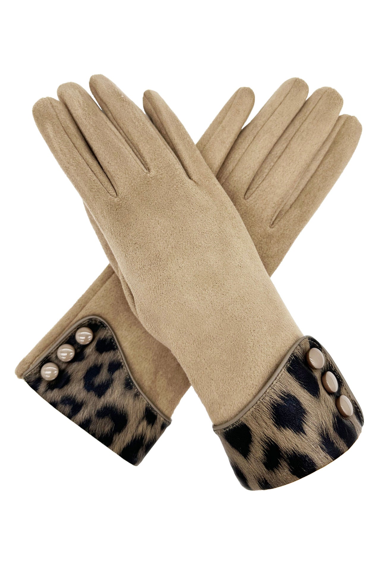 GV2488-074 Plain Solid Coloured Gloves with Leopard Print Cuff & Buttons Detail