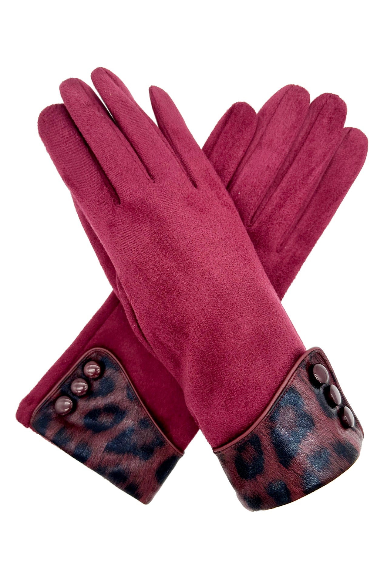 GV2488-074 Plain Solid Coloured Gloves with Leopard Print Cuff & Buttons Detail