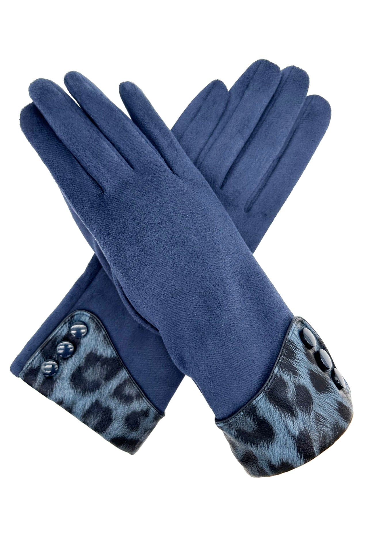 GV2488-074 Plain Solid Coloured Gloves with Leopard Print Cuff & Buttons Detail