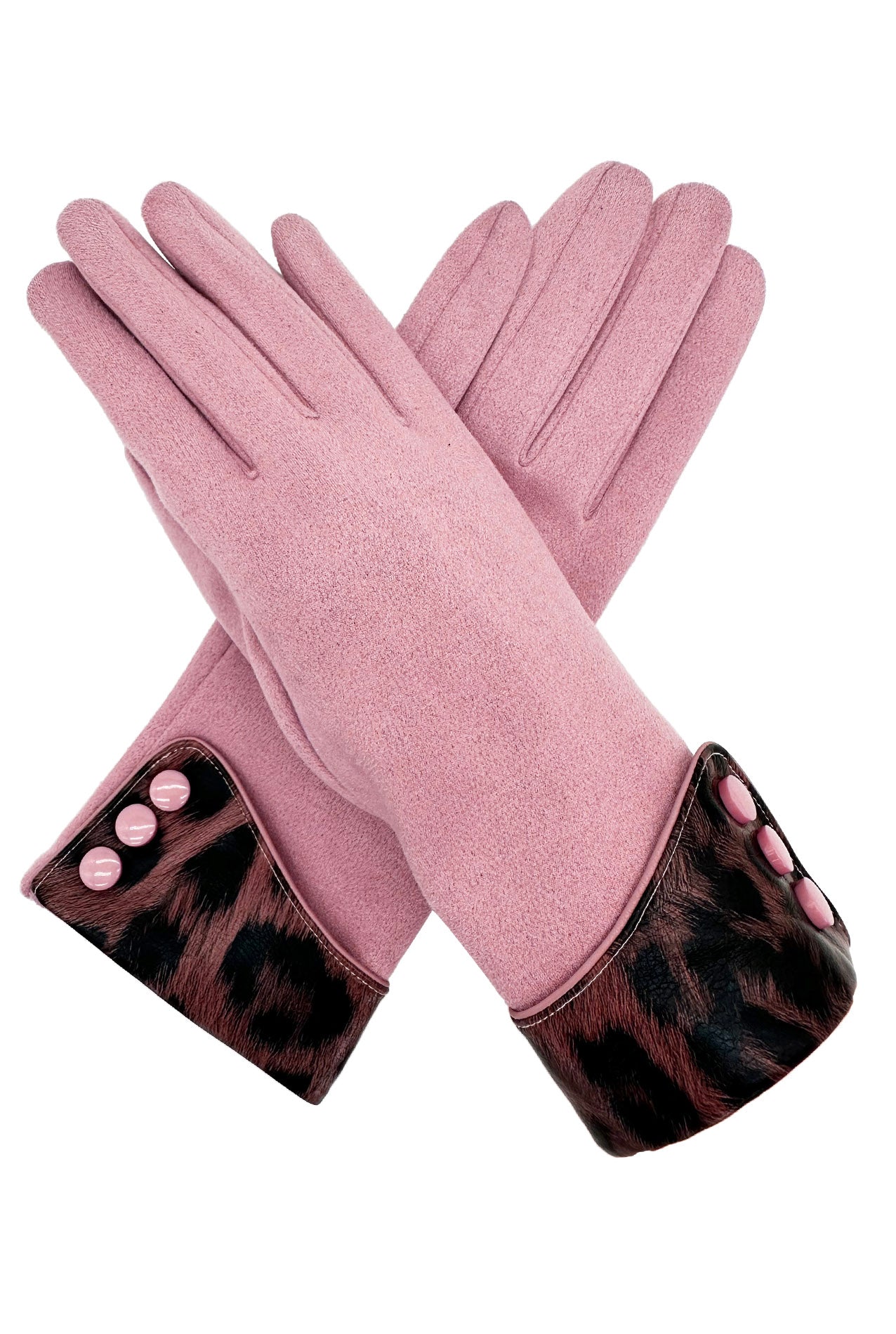 GV2488-074 Plain Solid Coloured Gloves with Leopard Print Cuff & Buttons Detail