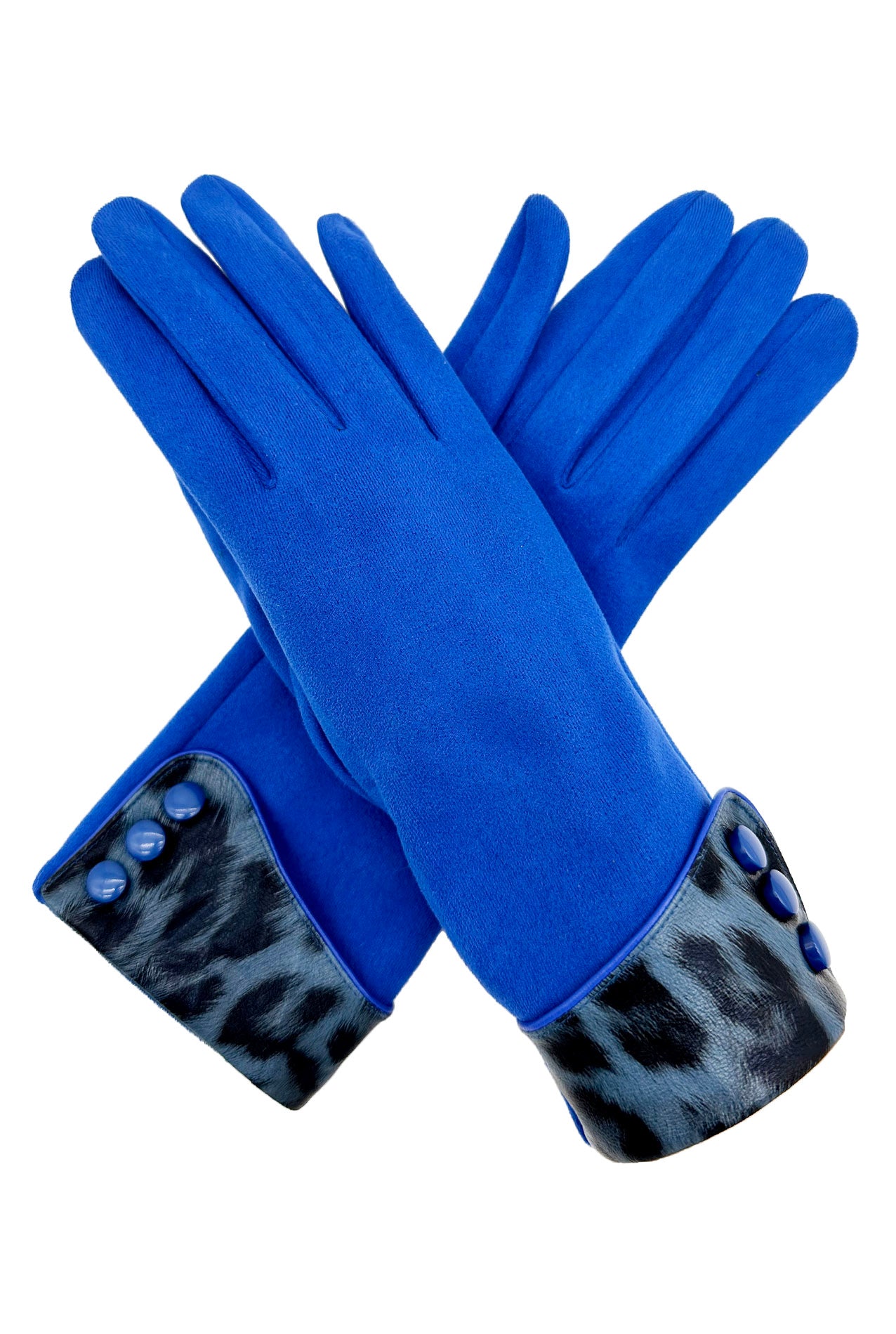 GV2488-074 Plain Solid Coloured Gloves with Leopard Print Cuff & Buttons Detail