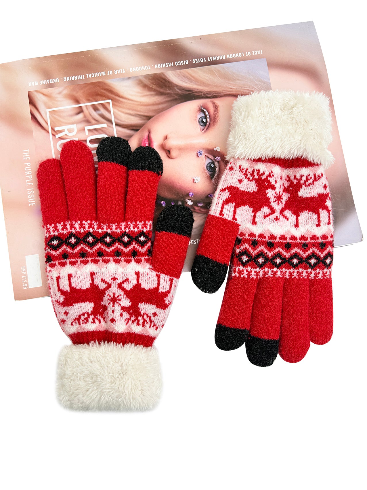 GV25073-315 Christmas Reindeer Themed Knit Style Gloves