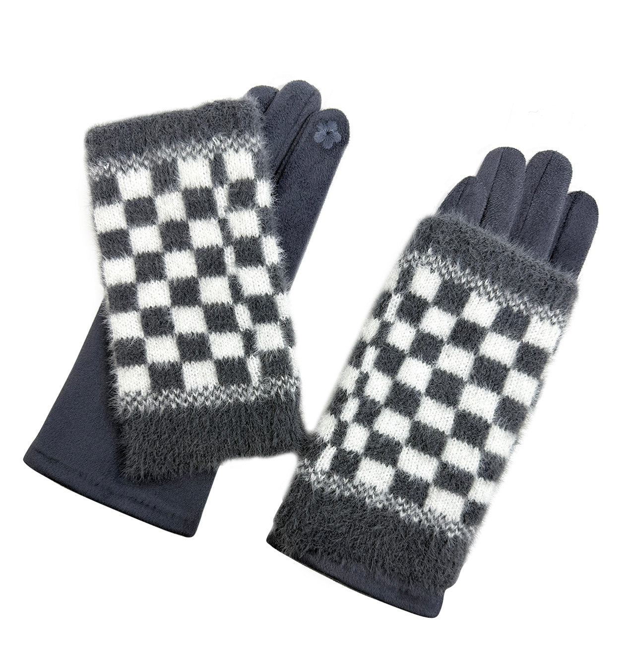 GV25105-304 2 in 1 Solid Colour Gloves with a Removable Check Pattern Fingerless Layer