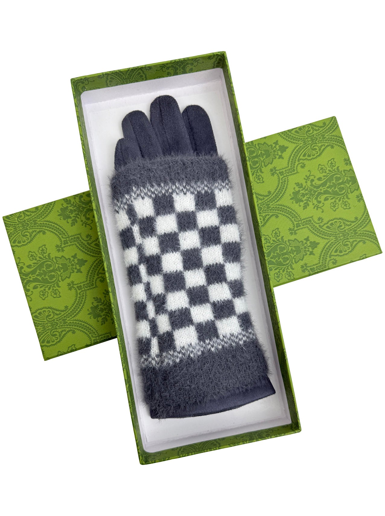 GV25105-304 2 in 1 Solid Colour Gloves with a Removable Check Pattern Fingerless Layer