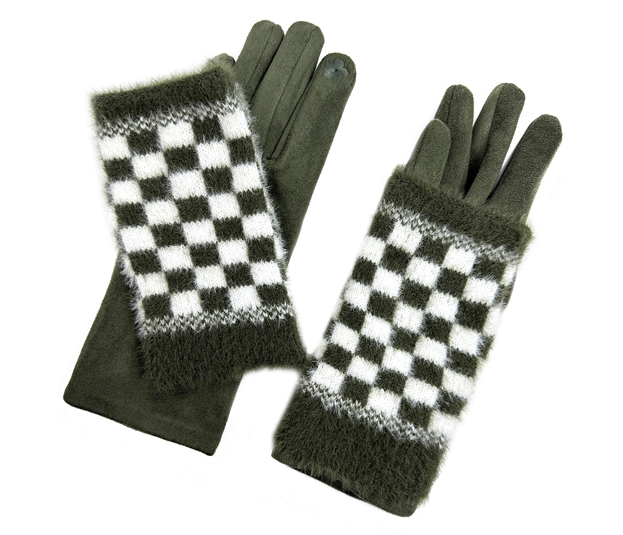 GV25105-304 2 in 1 Solid Colour Gloves with a Removable Check Pattern Fingerless Layer