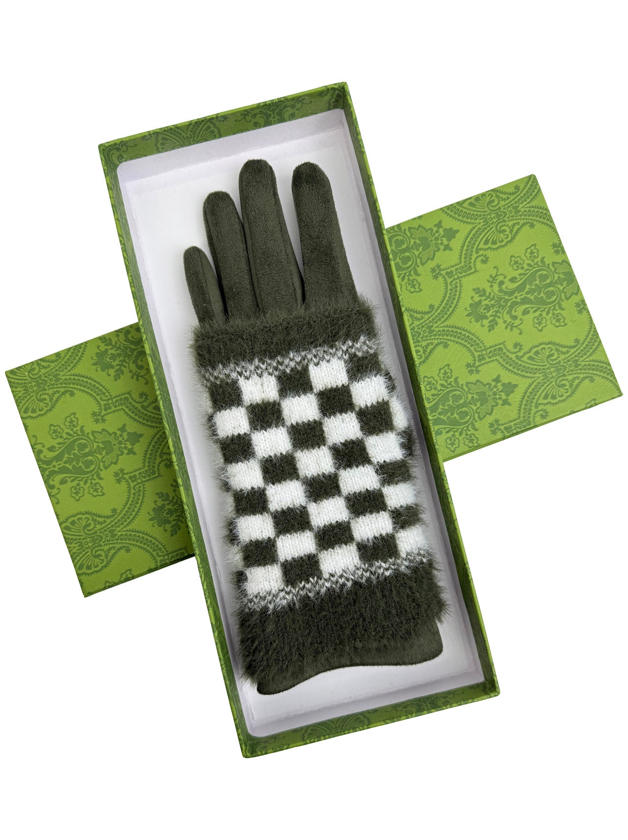 GV25105-304 2 in 1 Solid Colour Gloves with a Removable Check Pattern Fingerless Layer
