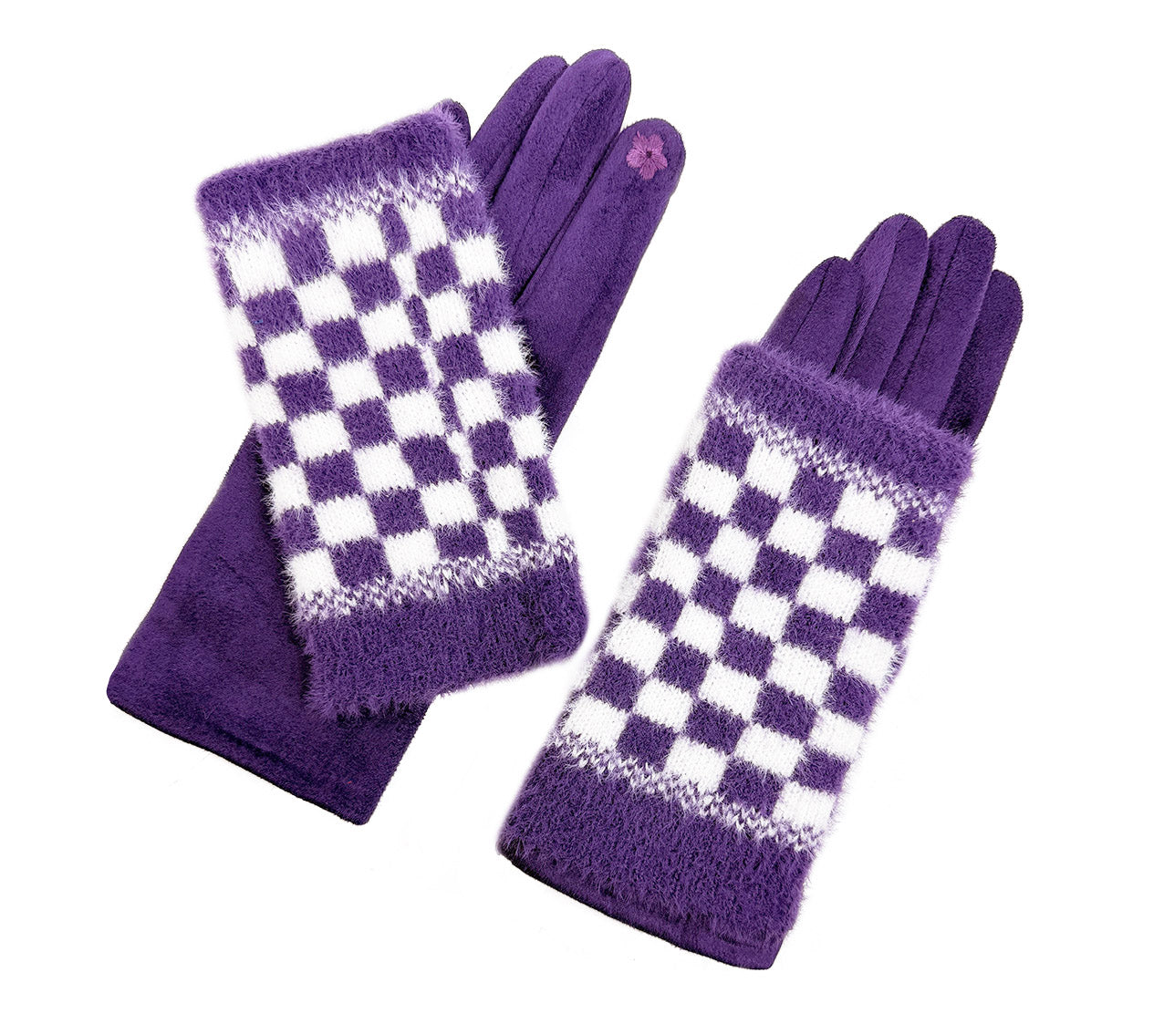 GV25105-304 2 in 1 Solid Colour Gloves with a Removable Check Pattern Fingerless Layer