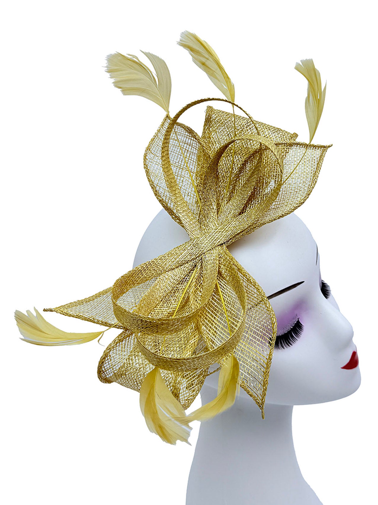FT25220 Bow Shaped Fascinator with Sinamay Curls and Feathers Detail