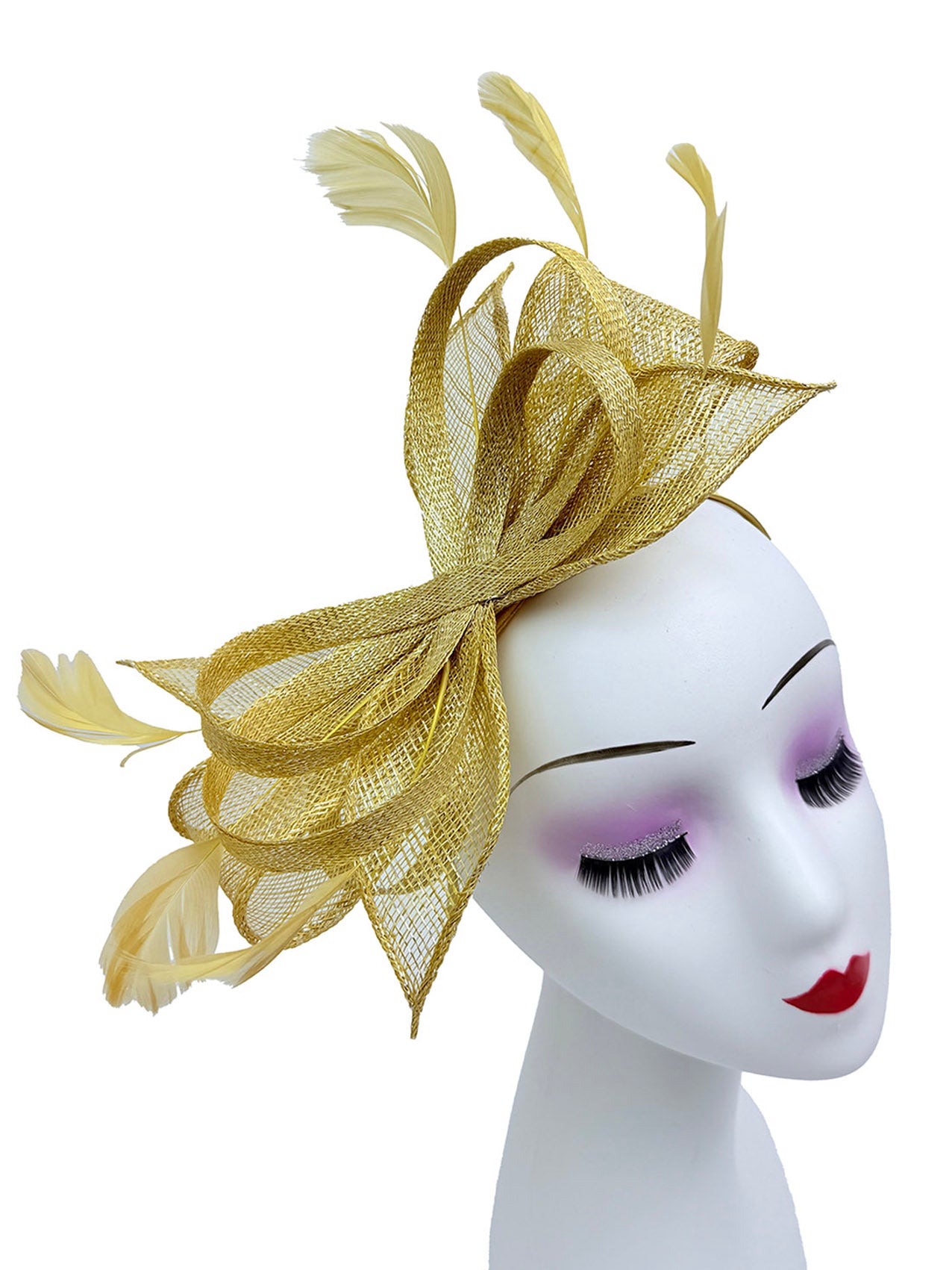 FT25220 Bow Shaped Fascinator with Sinamay Curls and Feathers Detail