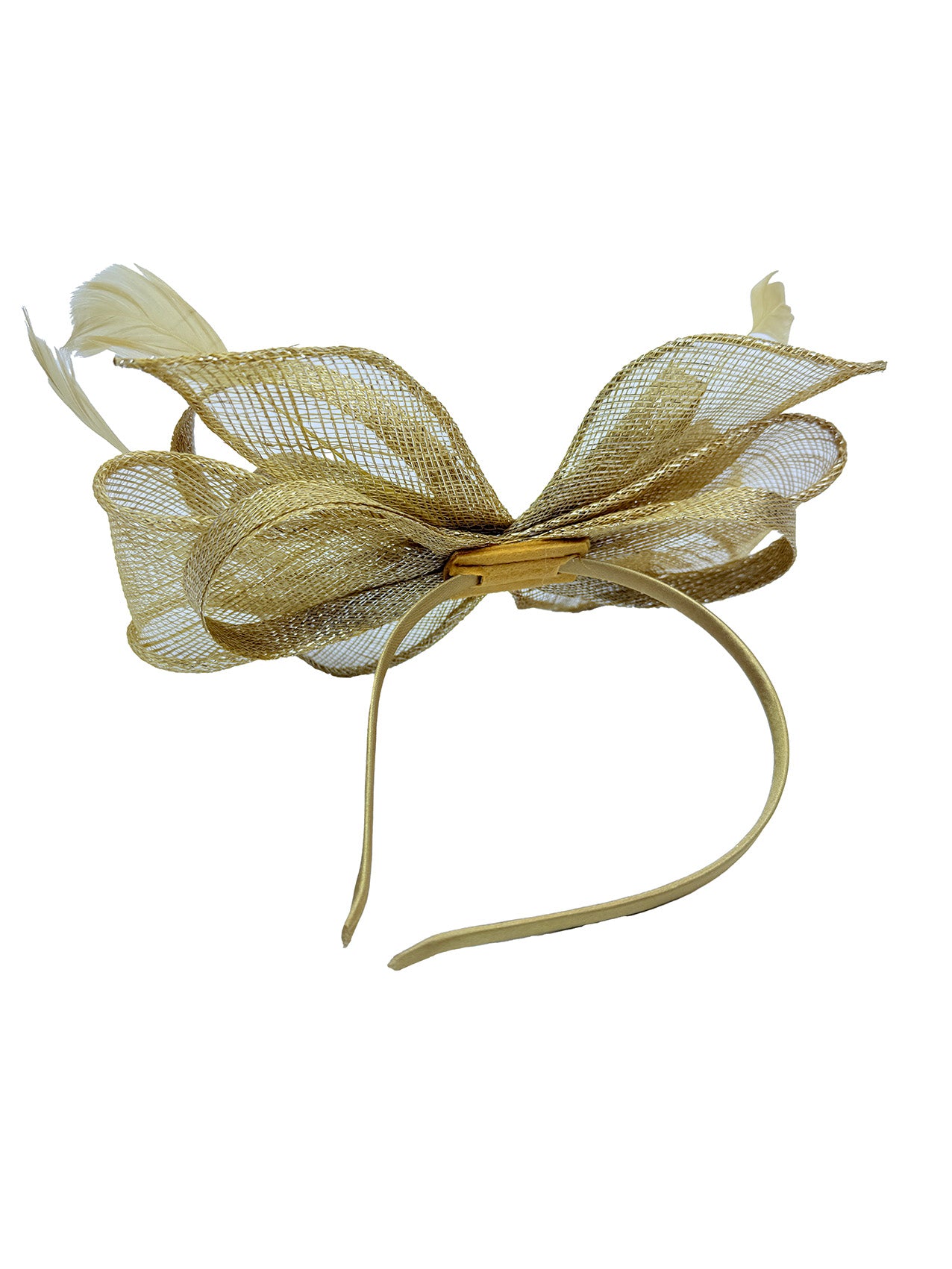 FT25220 Bow Shaped Fascinator with Sinamay Curls and Feathers Detail
