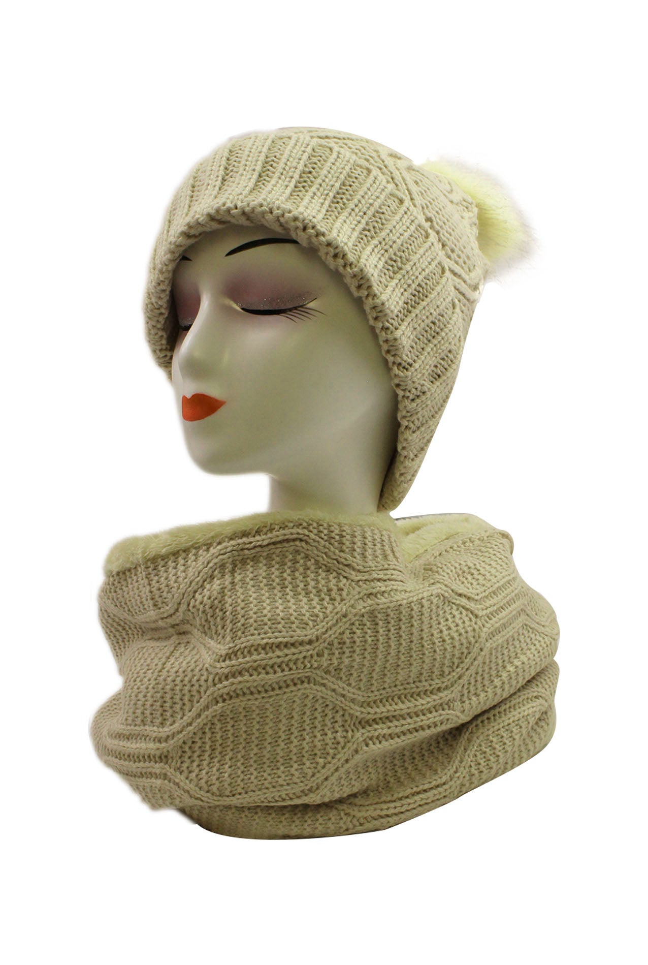 HT19238-110 Soft Feel Faux Fur Pompom Hat and Scarf Set