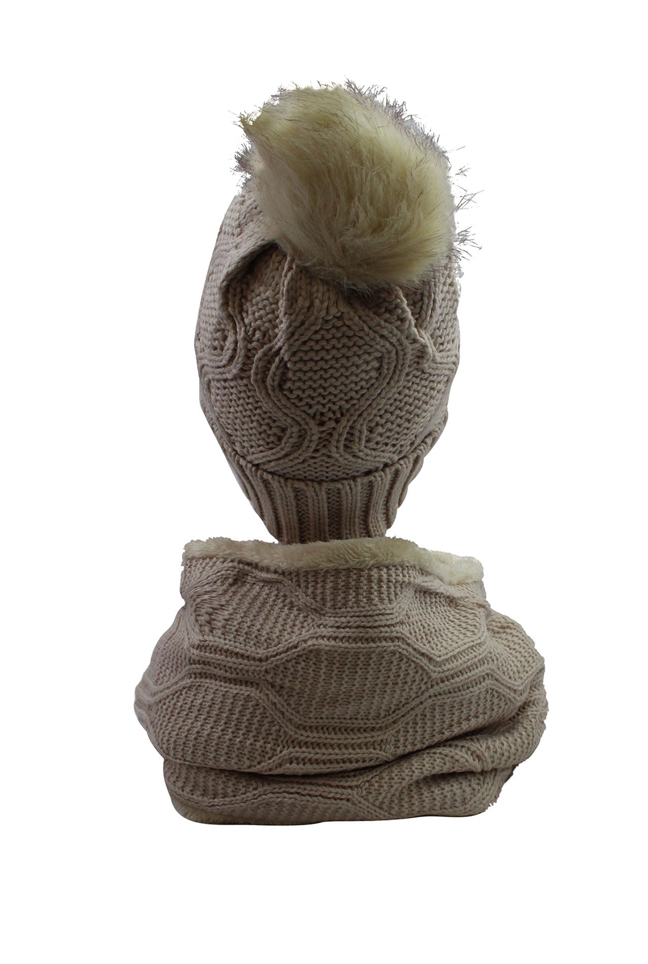 HT19238-110 Soft Feel Faux Fur Pompom Hat and Scarf Set