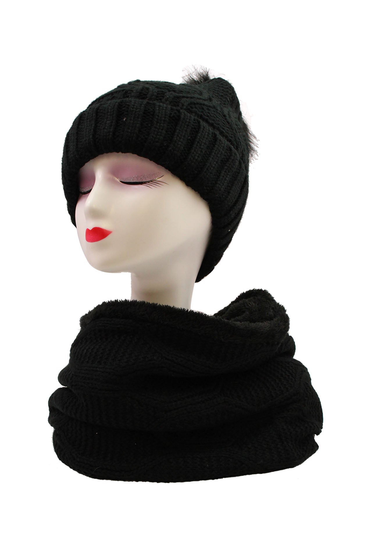 HT19238-110 Soft Feel Faux Fur Pompom Hat and Scarf Set