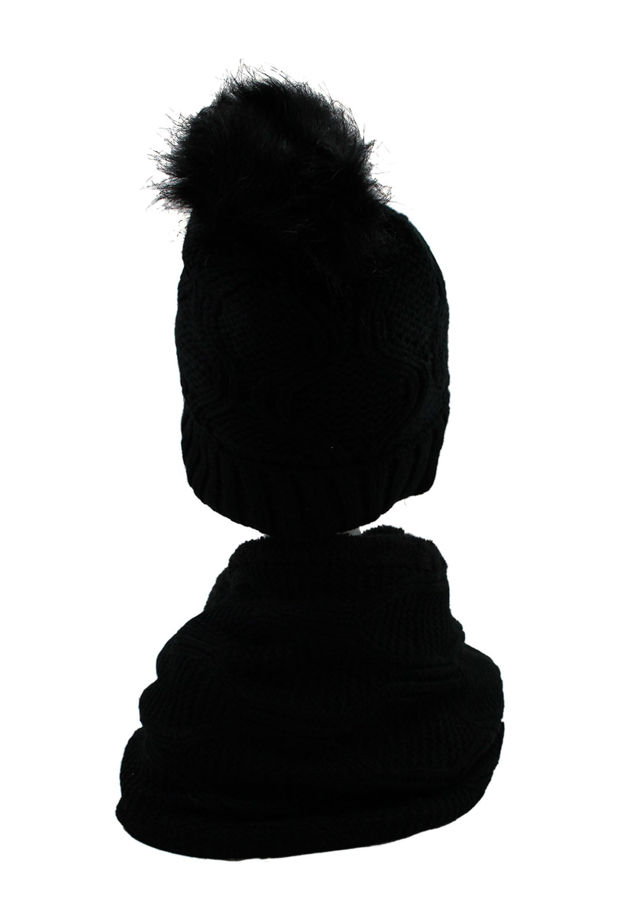 HT19238-110 Soft Feel Faux Fur Pompom Hat and Scarf Set