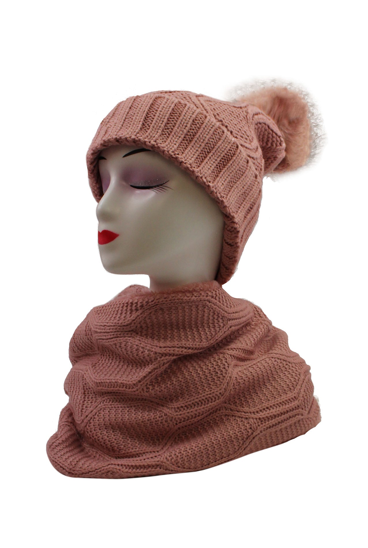 HT19238-110 Soft Feel Faux Fur Pompom Hat and Scarf Set