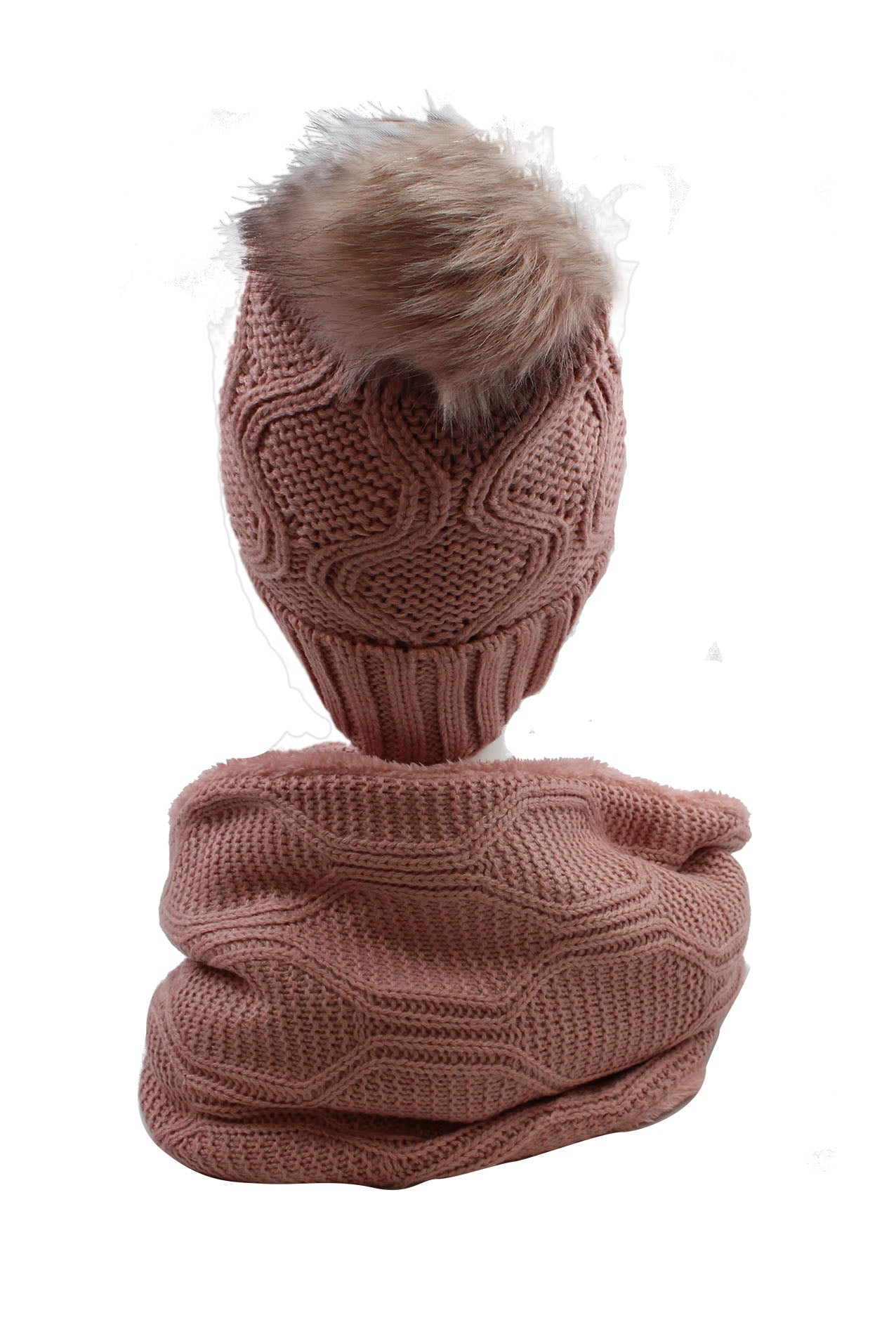 HT19238-110 Soft Feel Faux Fur Pompom Hat and Scarf Set