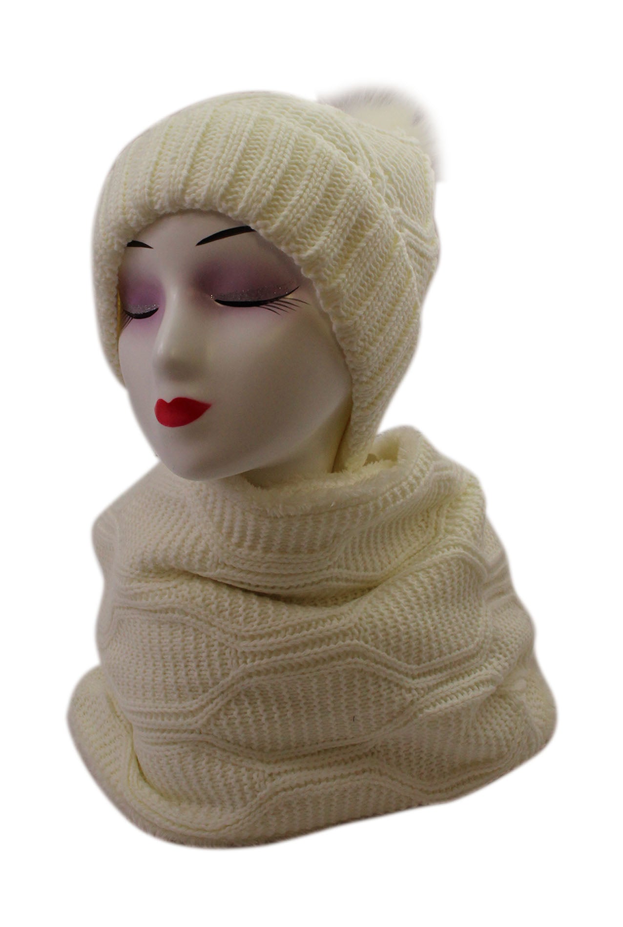 HT19238-110 Soft Feel Faux Fur Pompom Hat and Scarf Set