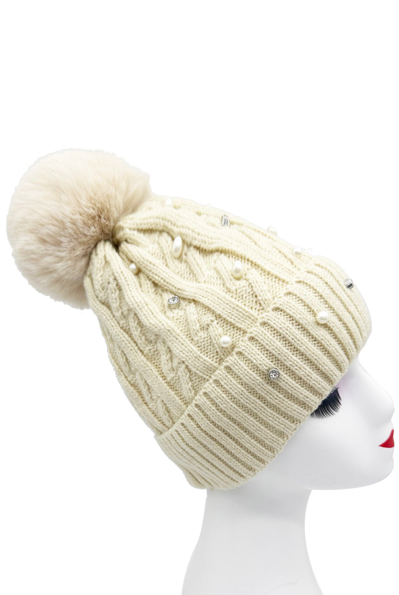 HT2411-086 Knitted Beanie Pom Pom Hat with Pearls Detail