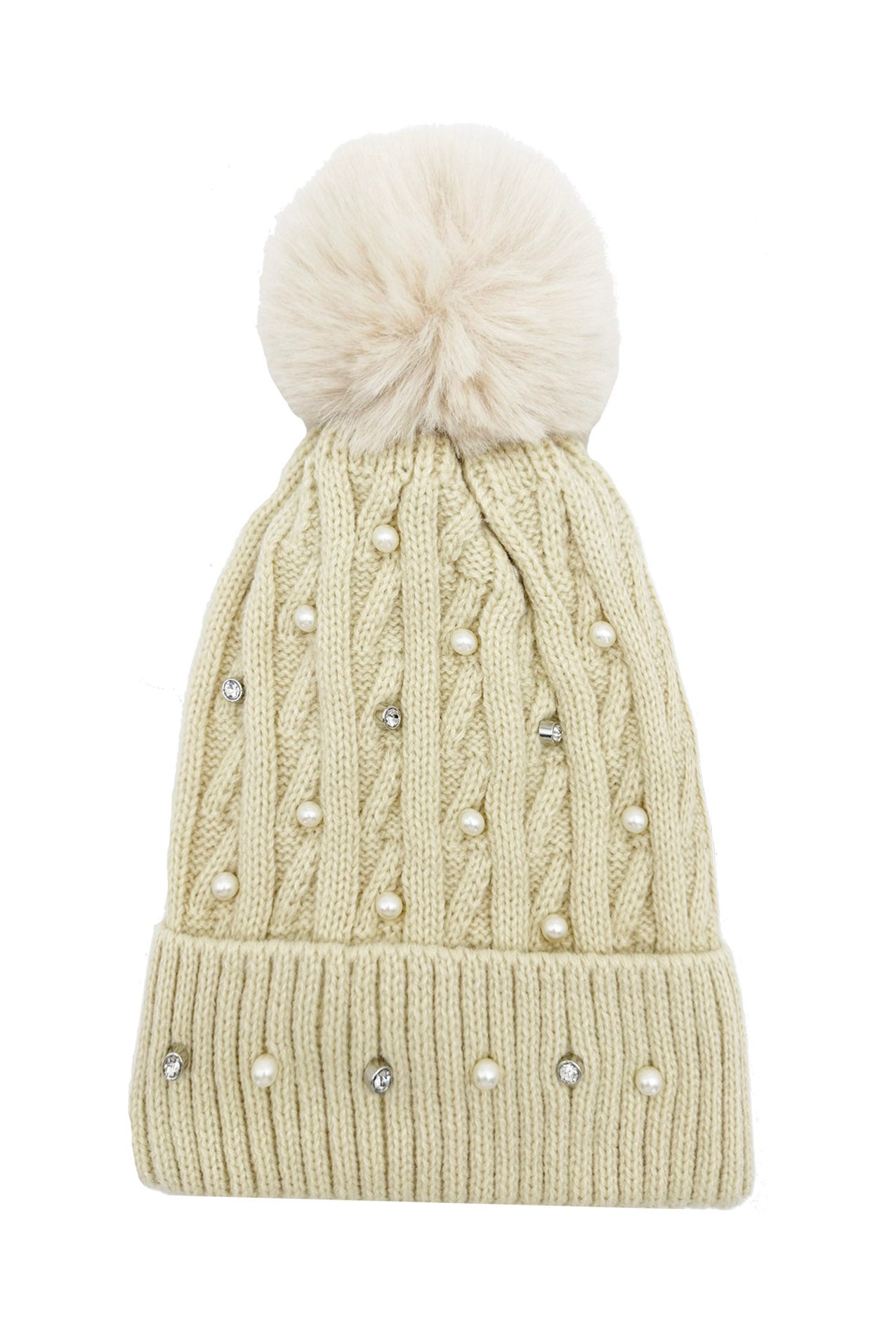 HT2411-086 Knitted Beanie Pom Pom Hat with Pearls Detail