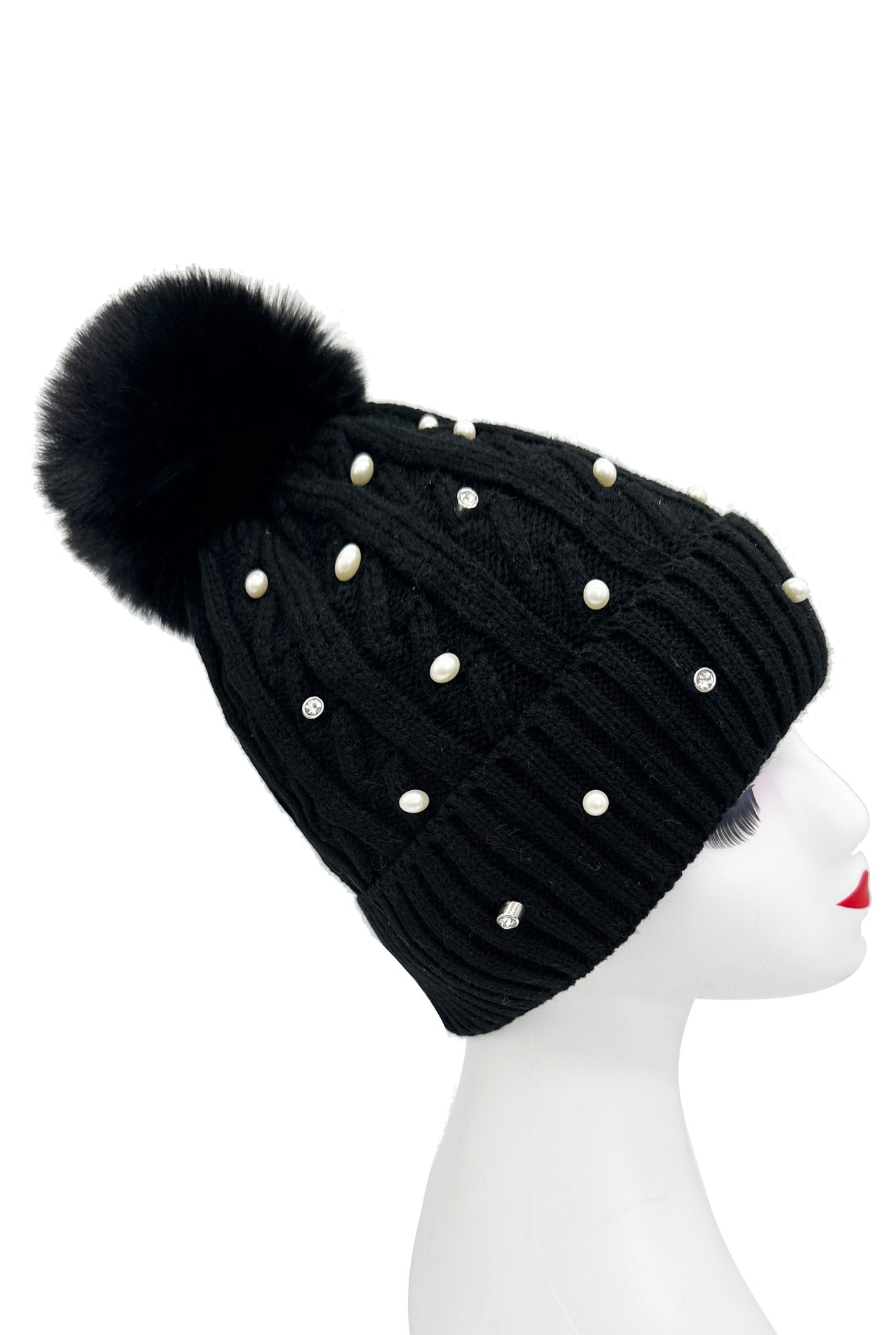 HT2411-086 Knitted Beanie Pom Pom Hat with Pearls Detail