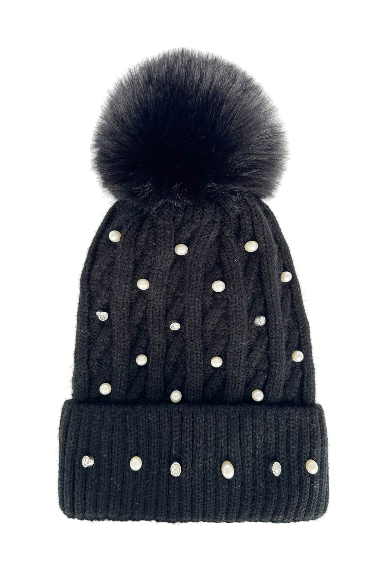 HT2411-086 Knitted Beanie Pom Pom Hat with Pearls Detail