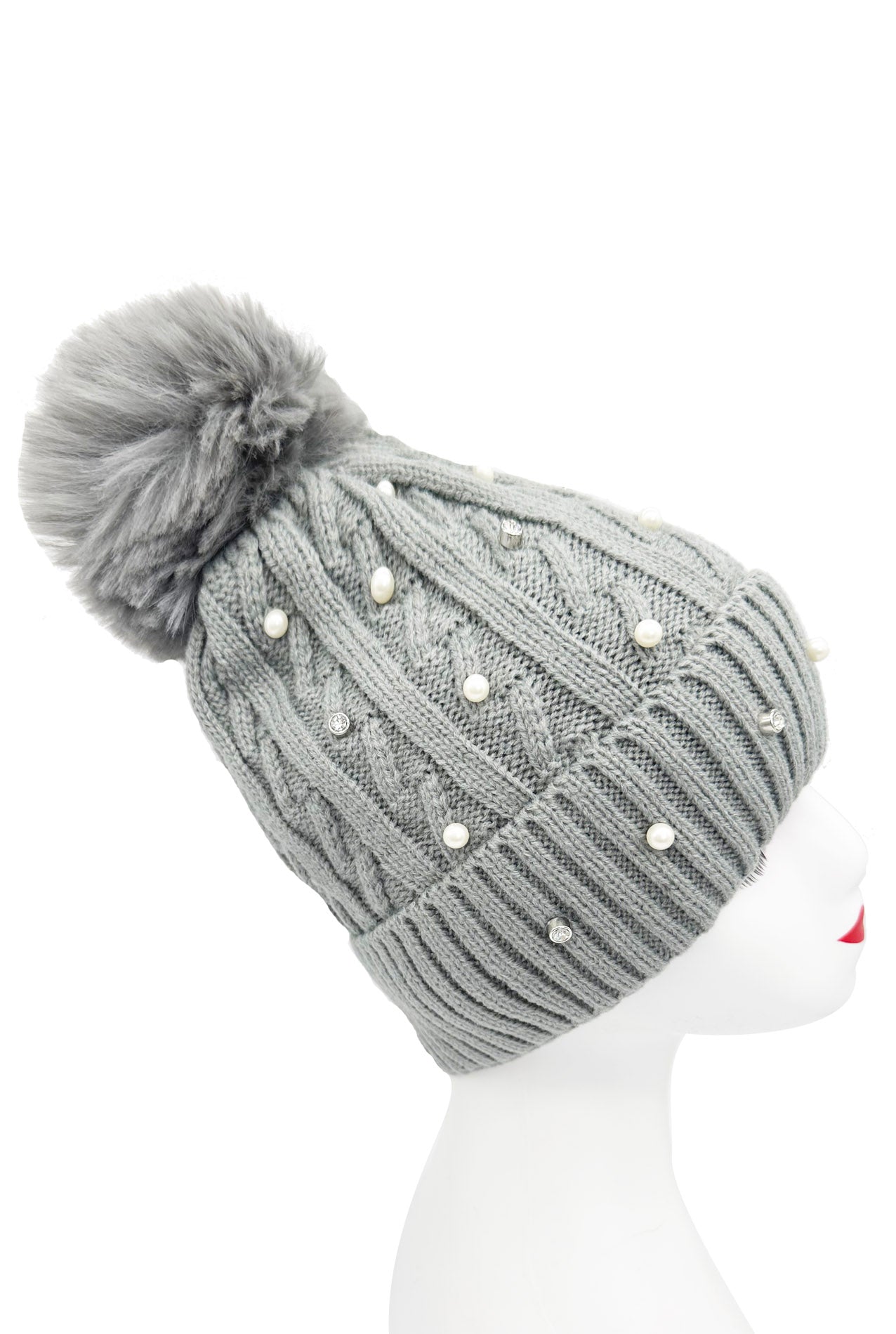 HT2411-086 Knitted Beanie Pom Pom Hat with Pearls Detail