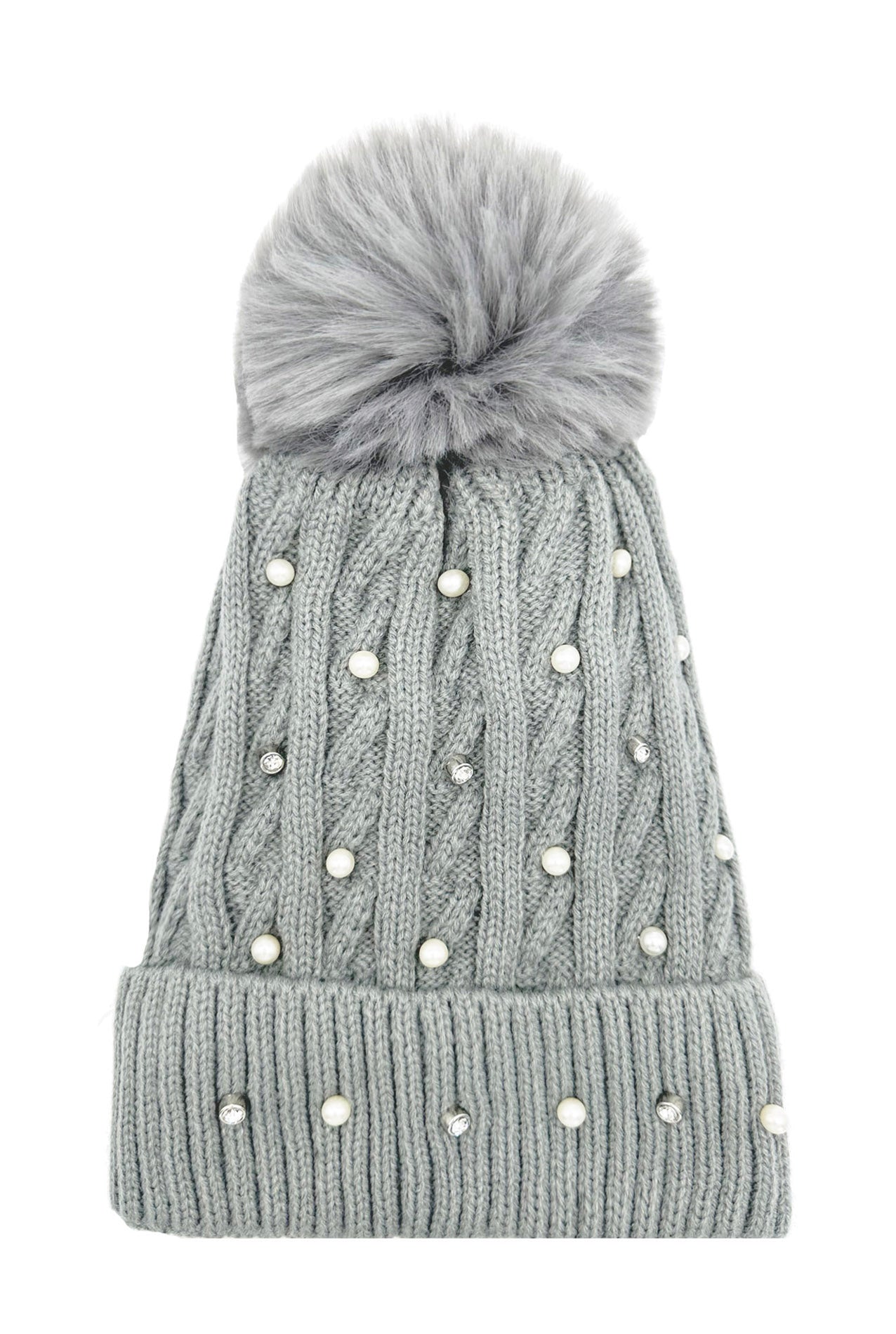 HT2411-086 Knitted Beanie Pom Pom Hat with Pearls Detail