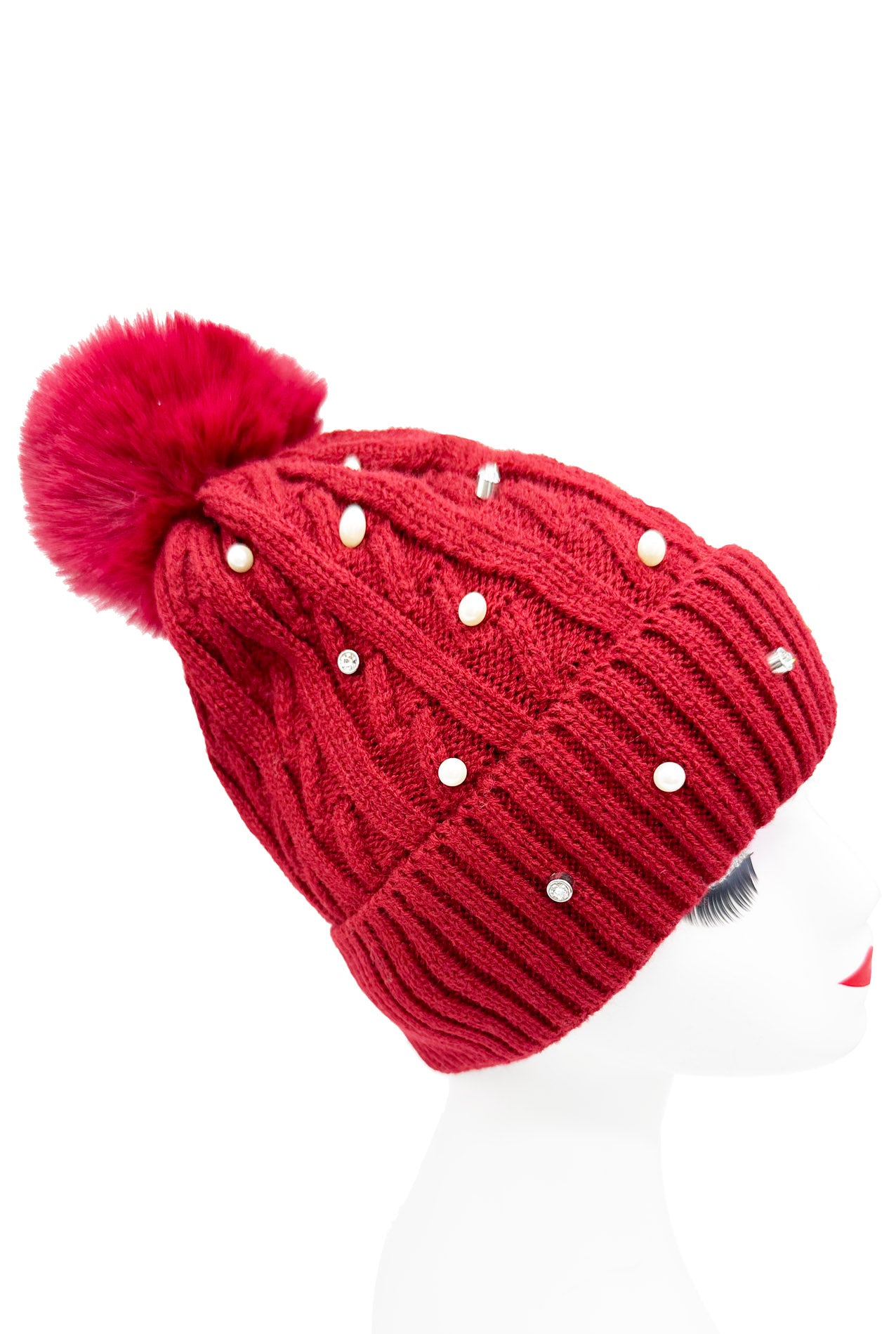 HT2411-086 Knitted Beanie Pom Pom Hat with Pearls Detail