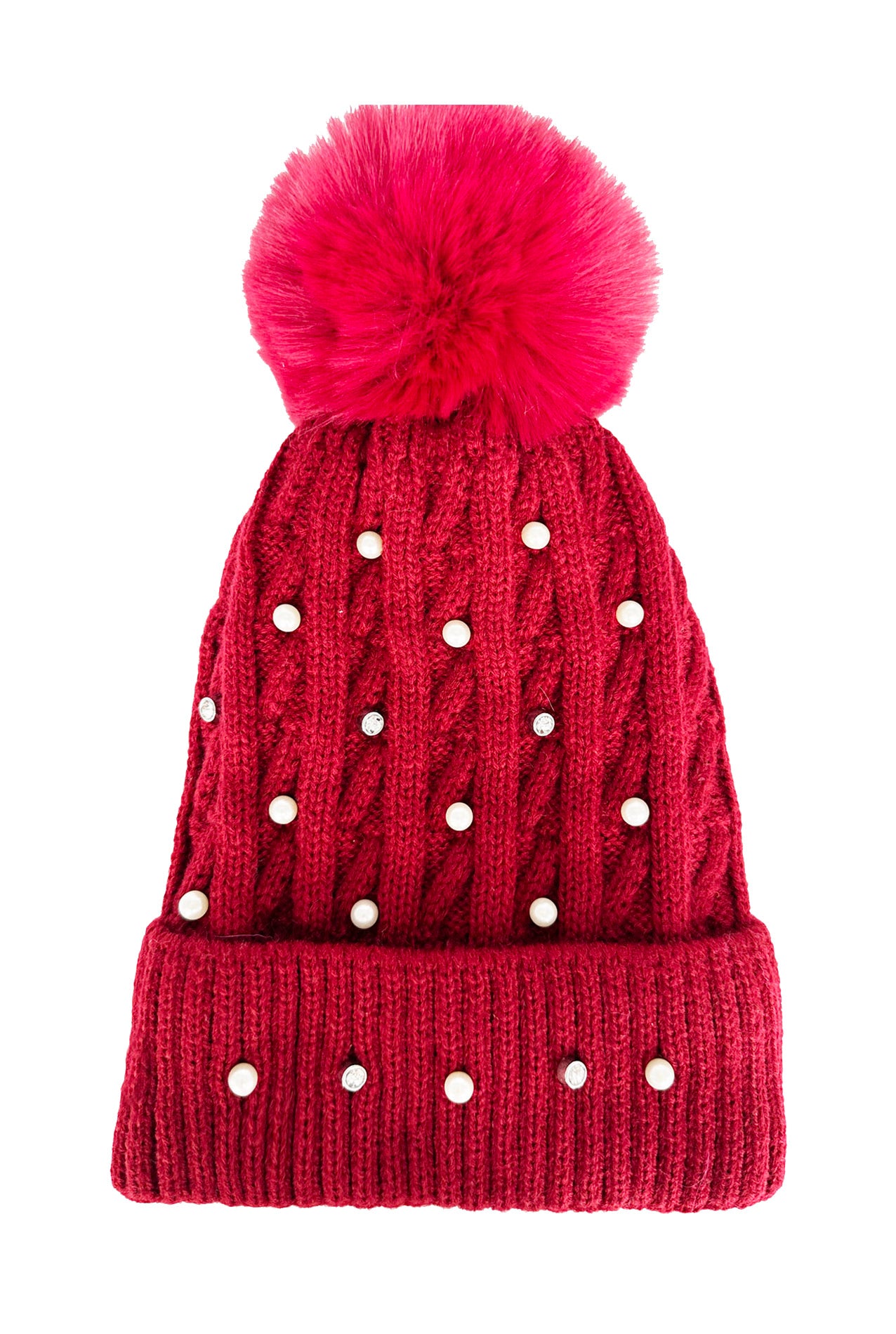 HT2411-086 Knitted Beanie Pom Pom Hat with Pearls Detail