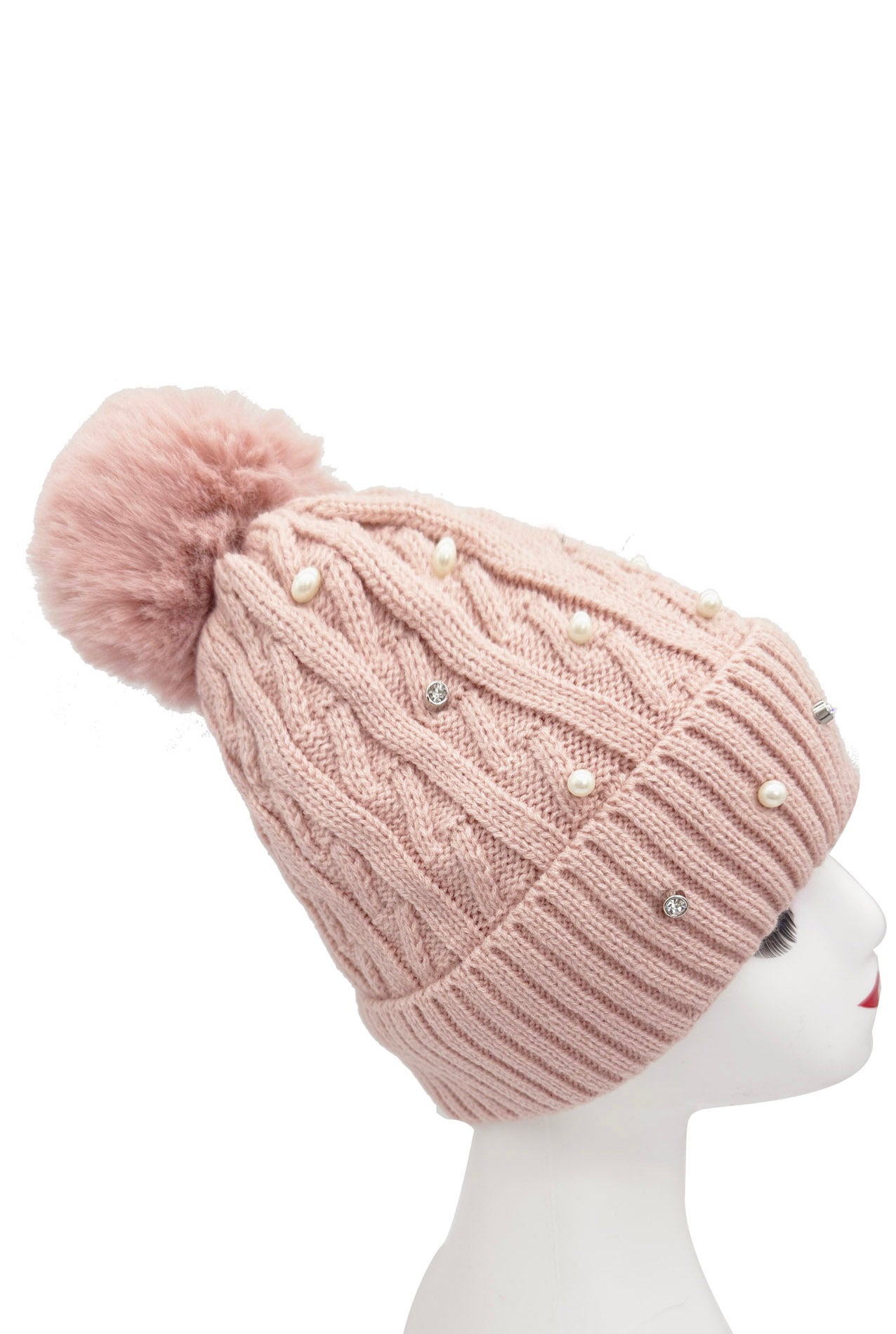 HT2411-086 Knitted Beanie Pom Pom Hat with Pearls Detail