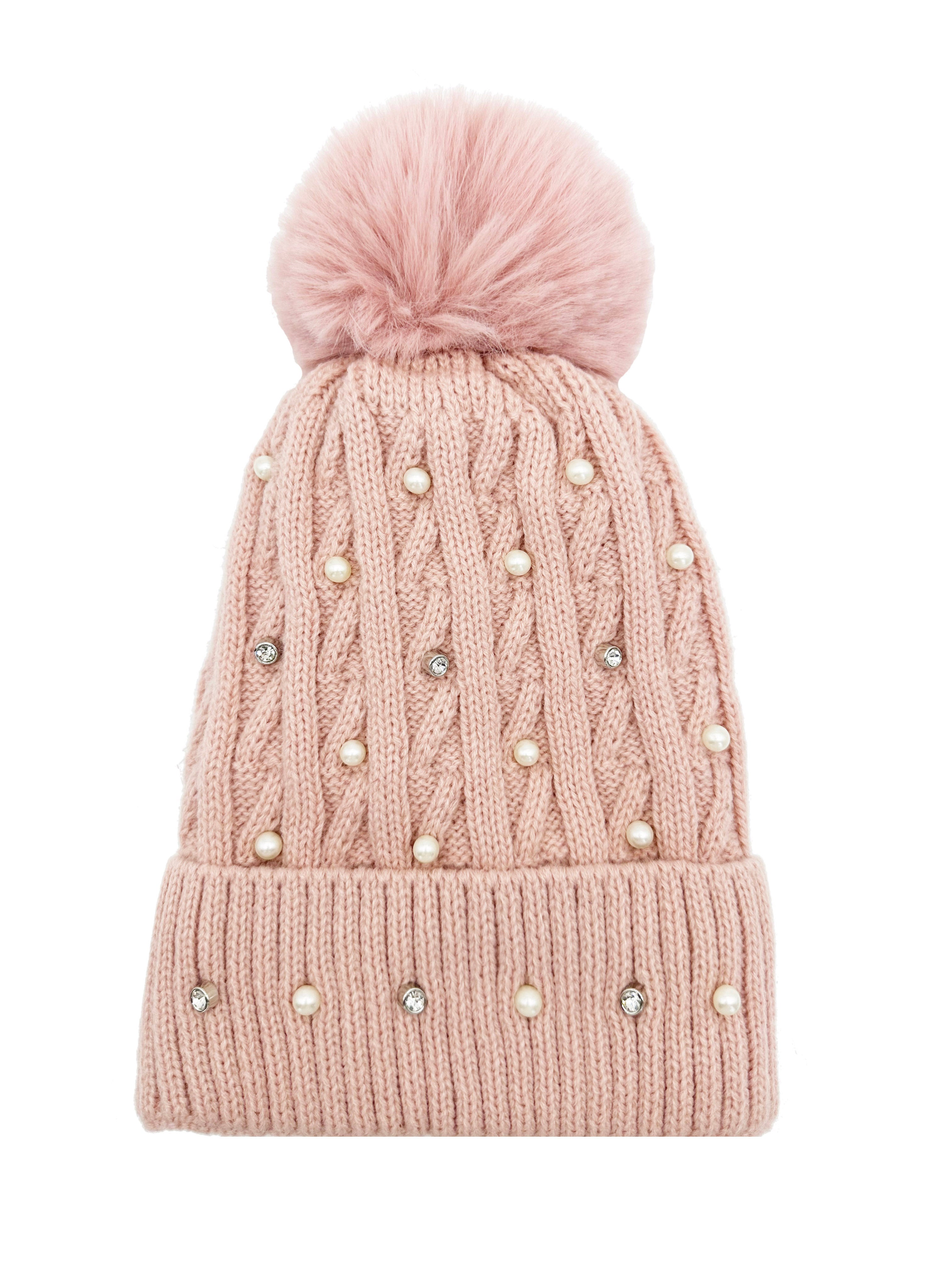 HT2411-086 Knitted Beanie Pom Pom Hat with Pearls Detail