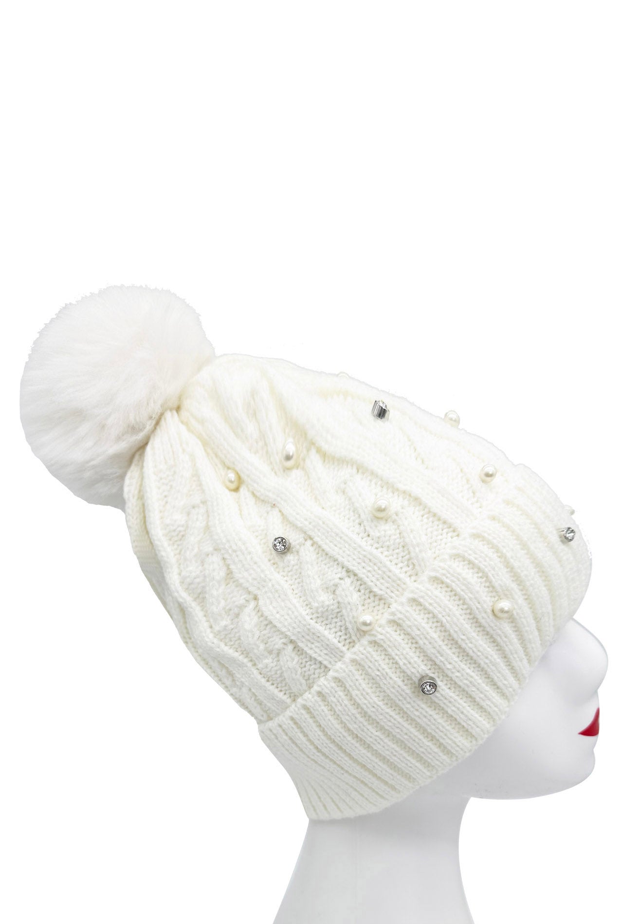 HT2411-086 Knitted Beanie Pom Pom Hat with Pearls Detail