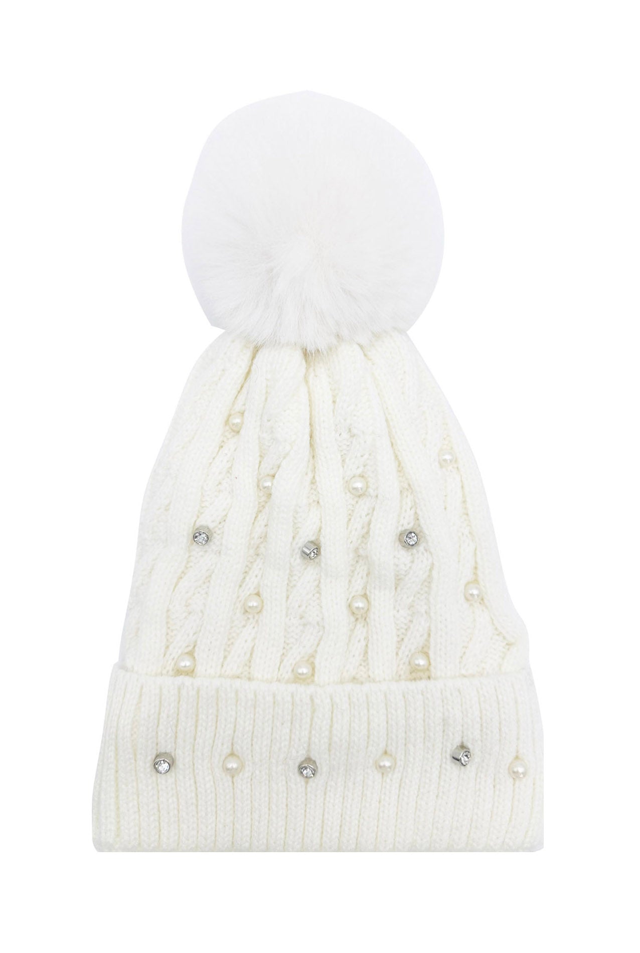 HT2411-086 Knitted Beanie Pom Pom Hat with Pearls Detail