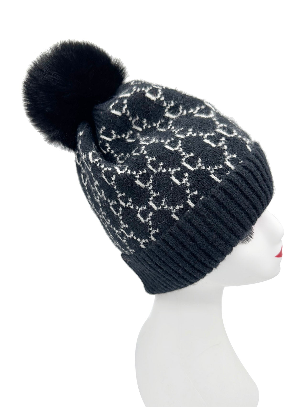 HT2411-087 Interlocking Monogram Print Beanie Pom Pom Hat