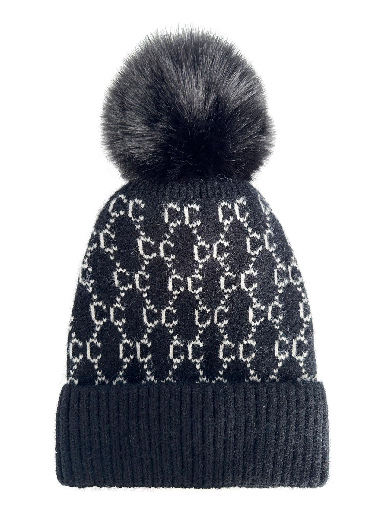 HT2411-087 Interlocking Monogram Print Beanie Pom Pom Hat