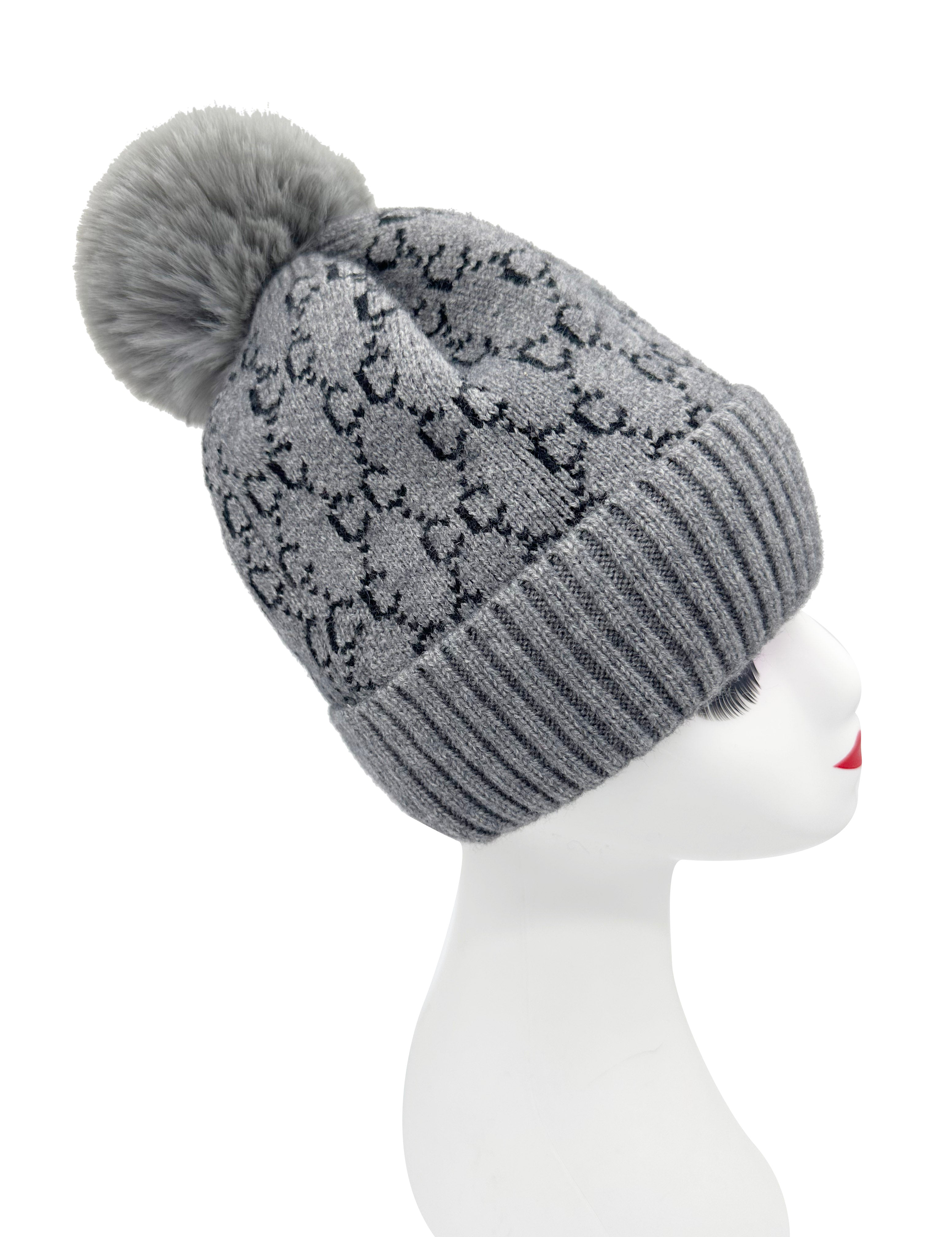 HT2411-087 Interlocking Monogram Print Beanie Pom Pom Hat