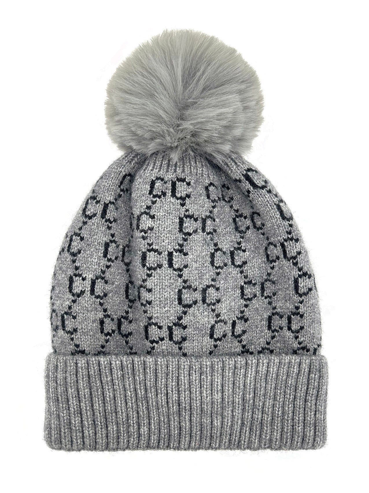 HT2411-087 Interlocking Monogram Print Beanie Pom Pom Hat