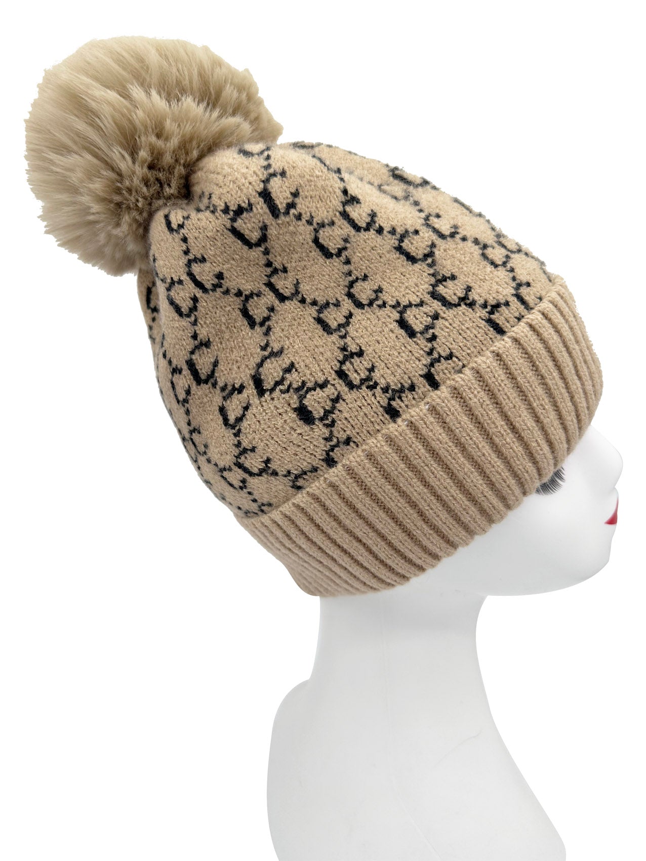 HT2411-087 Interlocking Monogram Print Beanie Pom Pom Hat