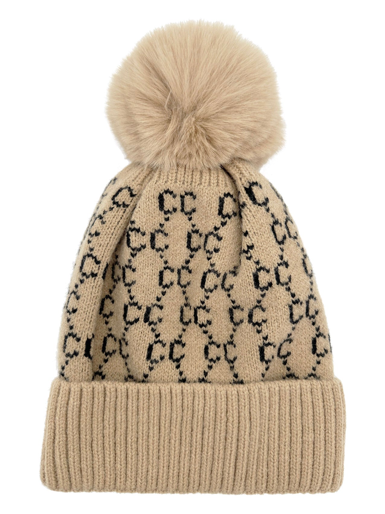 HT2411-087 Interlocking Monogram Print Beanie Pom Pom Hat