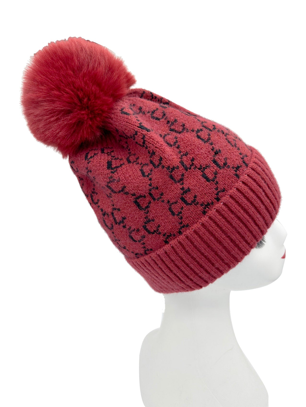 HT2411-087 Interlocking Monogram Print Beanie Pom Pom Hat