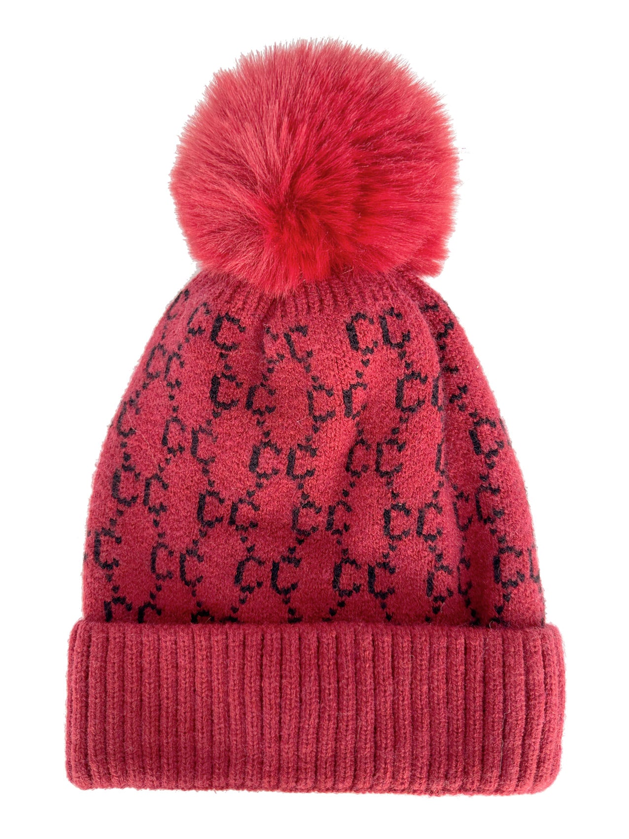 HT2411-087 Interlocking Monogram Print Beanie Pom Pom Hat