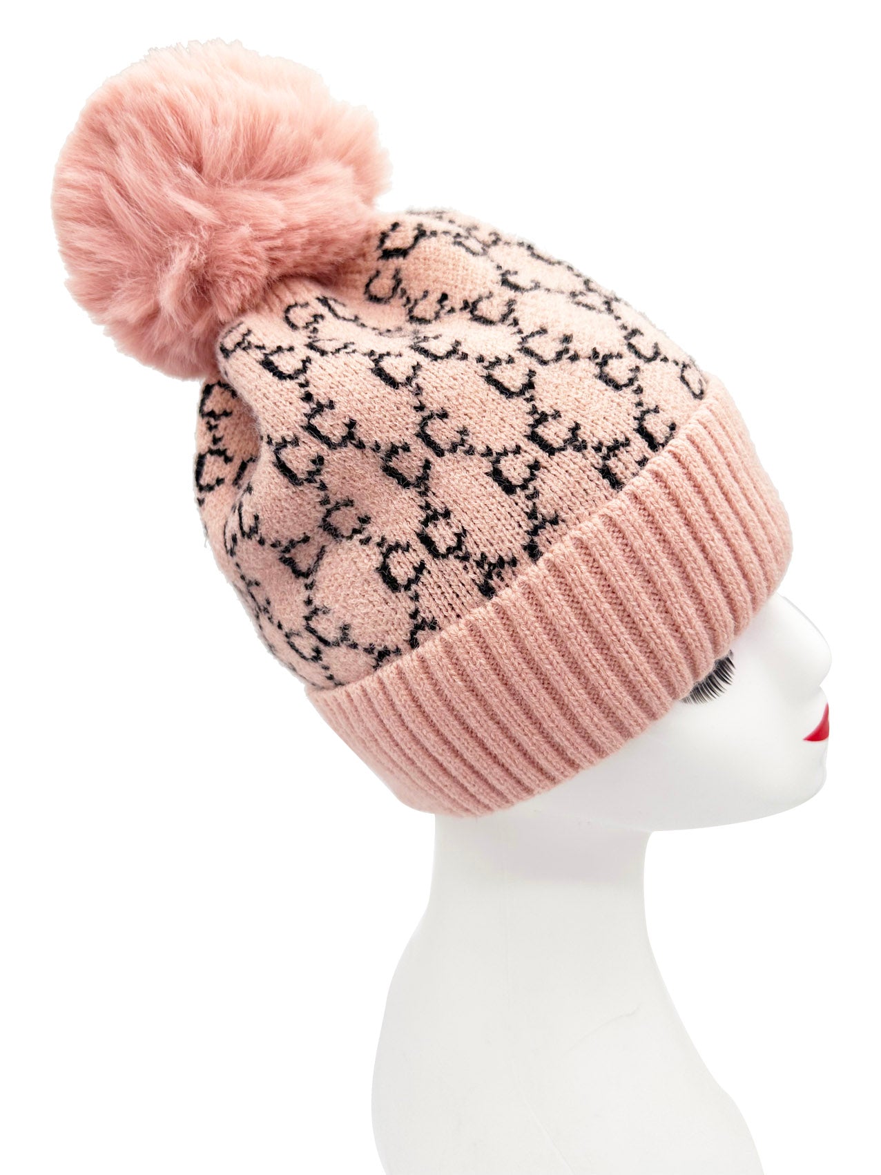 HT2411-087 Interlocking Monogram Print Beanie Pom Pom Hat