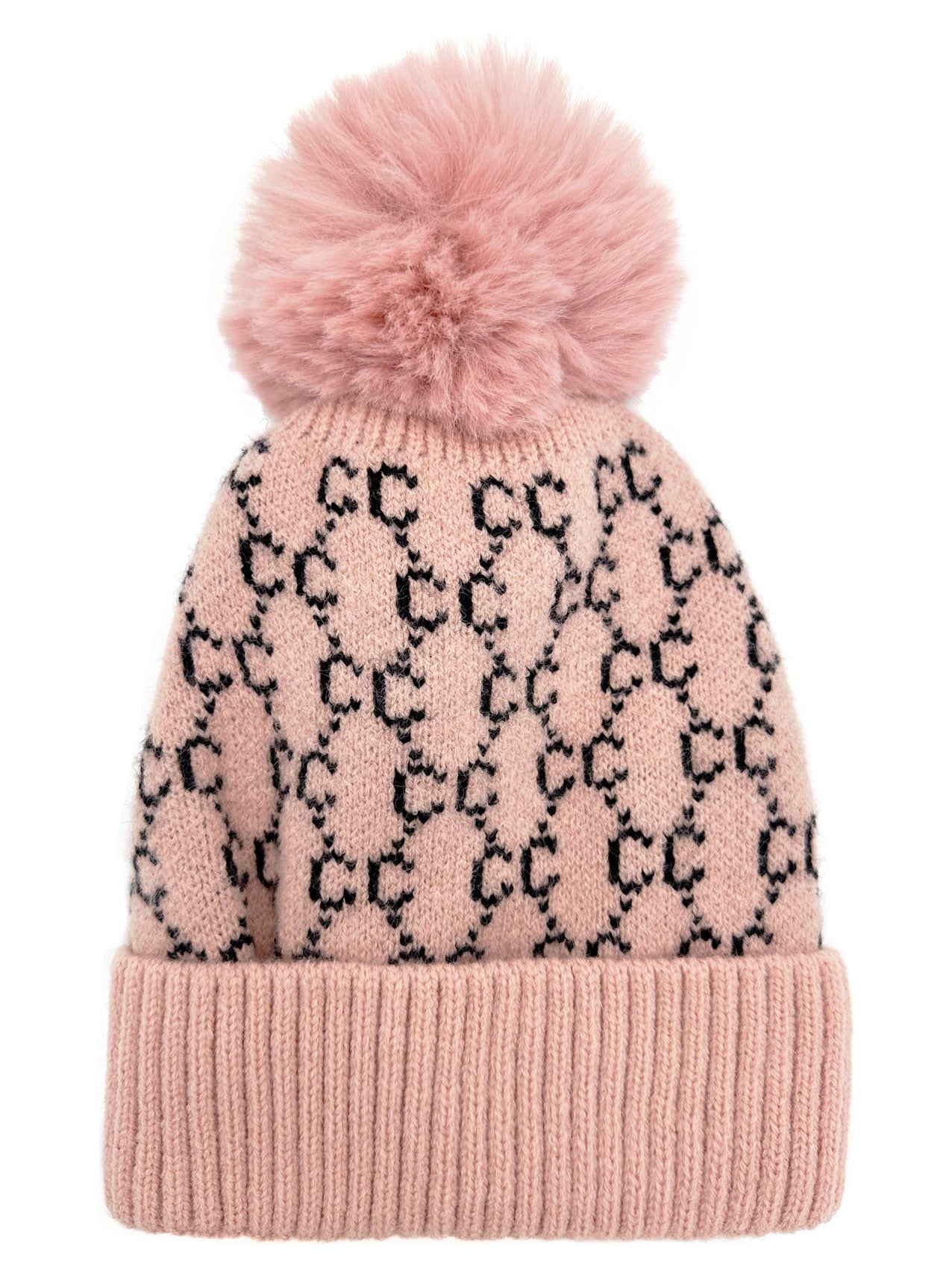 HT2411-087 Interlocking Monogram Print Beanie Pom Pom Hat