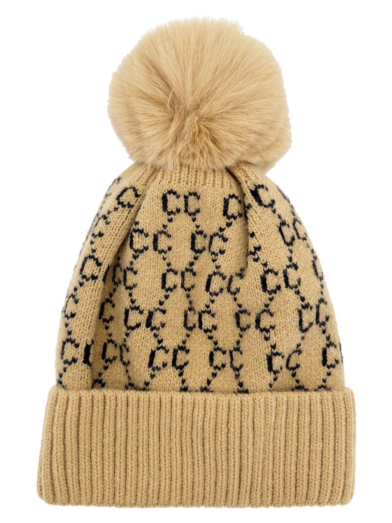 HT2411-087 Interlocking Monogram Print Beanie Pom Pom Hat