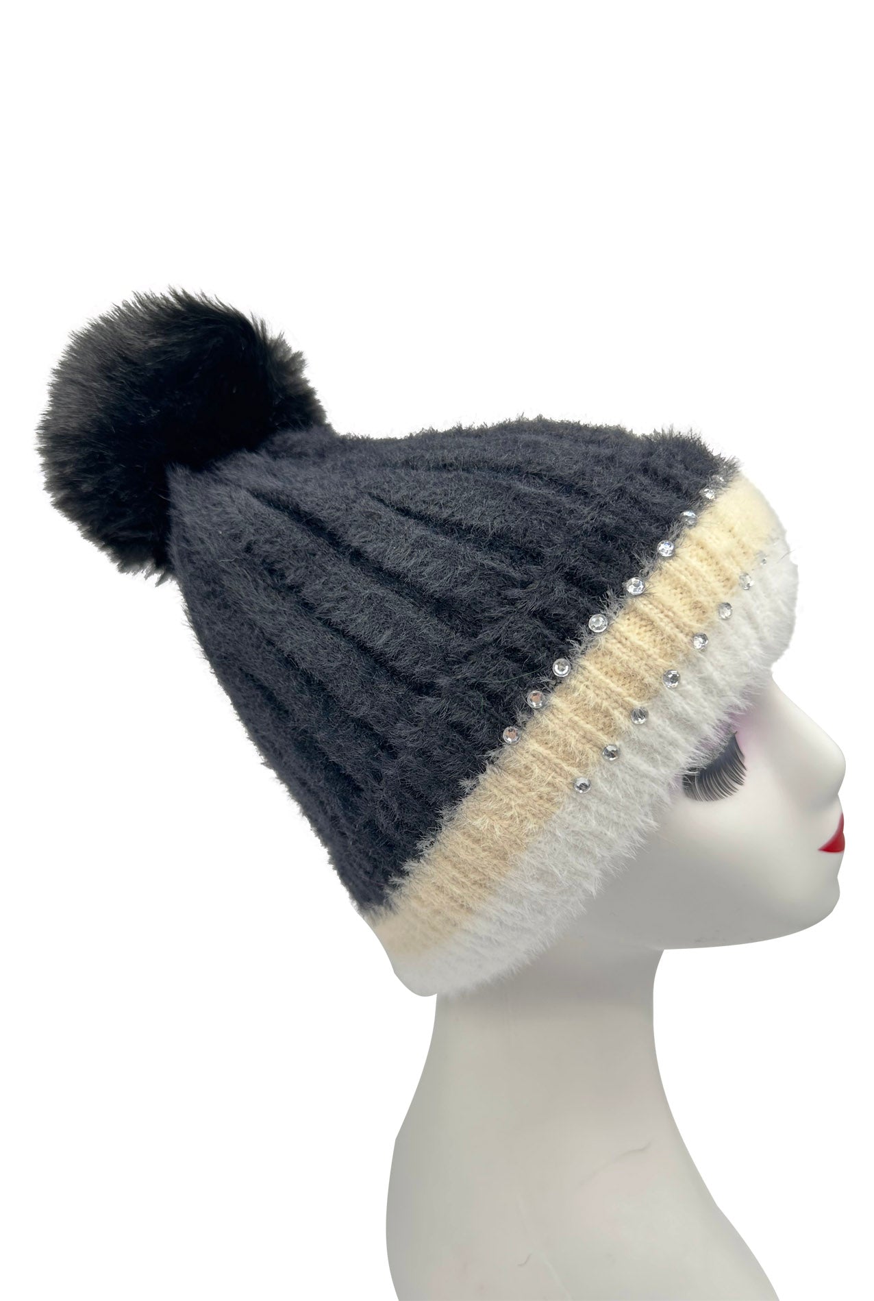 HT2411-090 Beanie Pom Pom Hat with Colourful Cuff