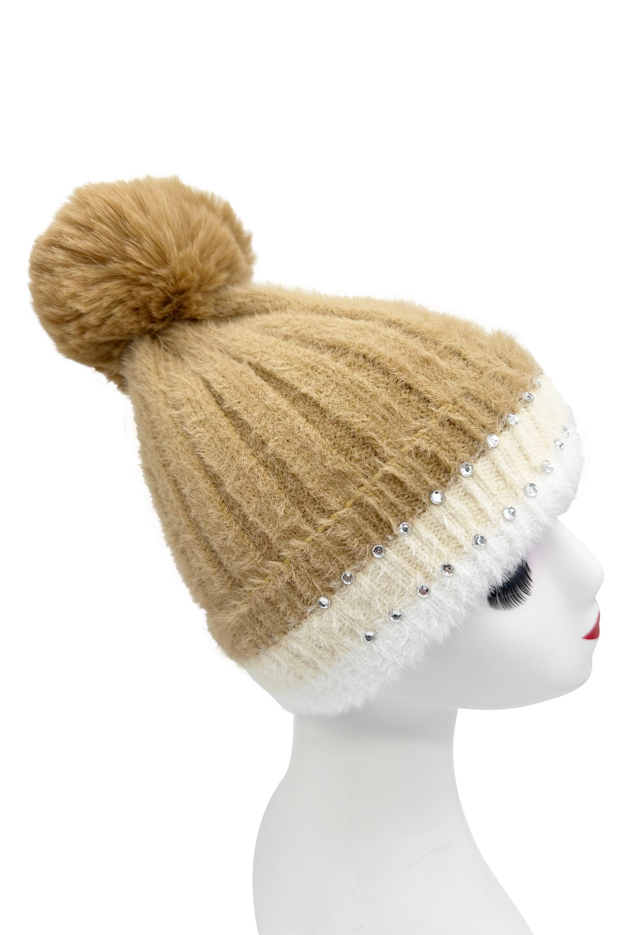 HT2411-090 Beanie Pom Pom Hat with Colourful Cuff